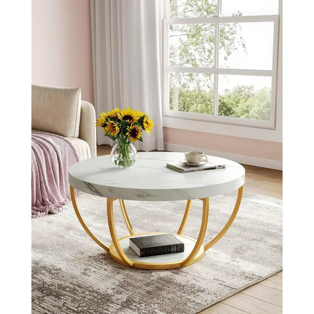 Modern accent coffee table: white marble top with gold legs and shelf
