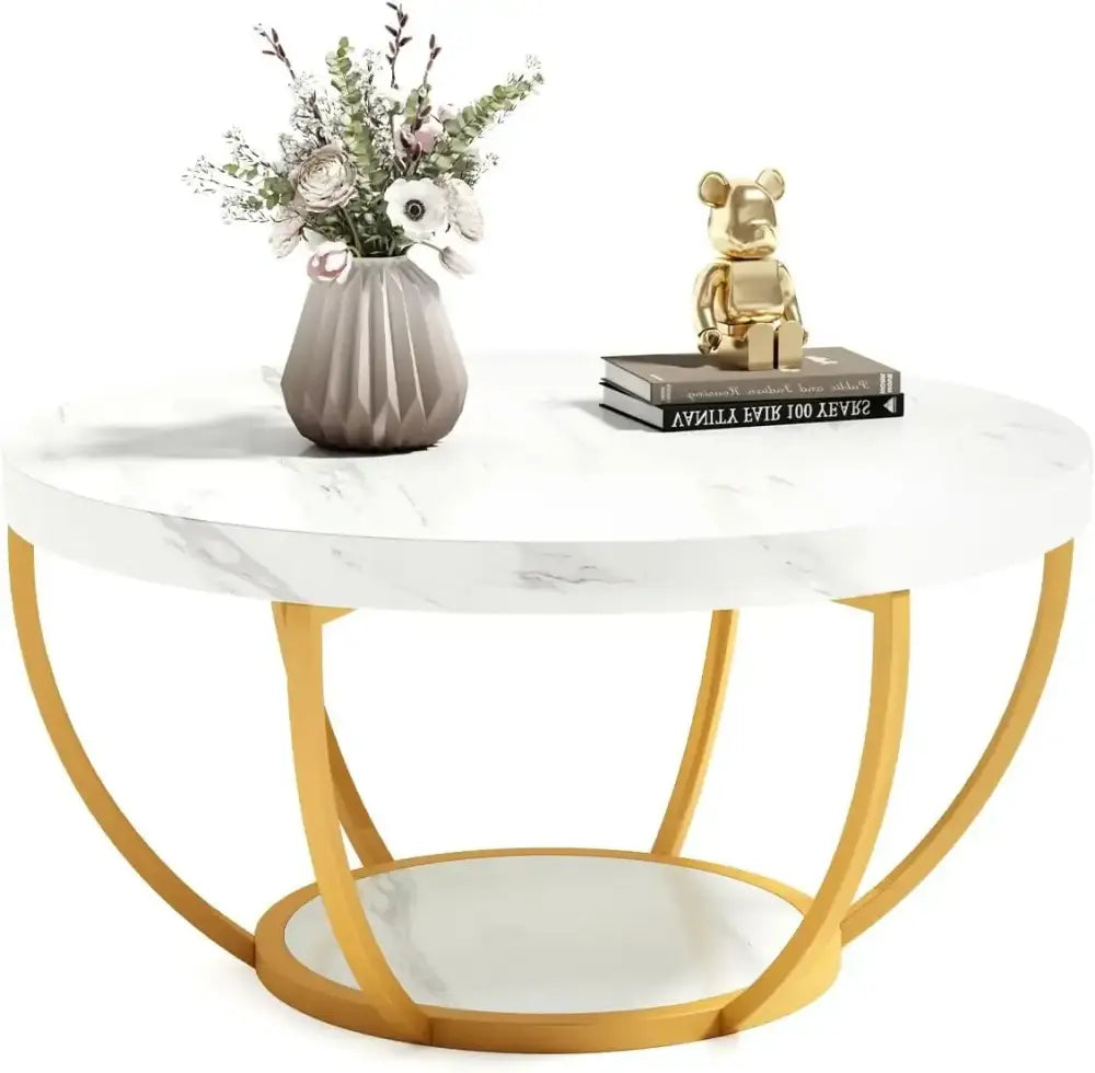 Modern accent coffee table: white marble top with gold legs