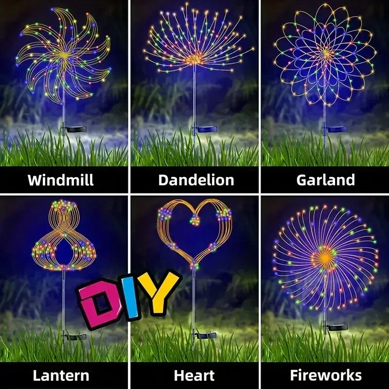 Gold and blue dandelion LED solar firework garden light with 200 LEDs on high-quality copper wire