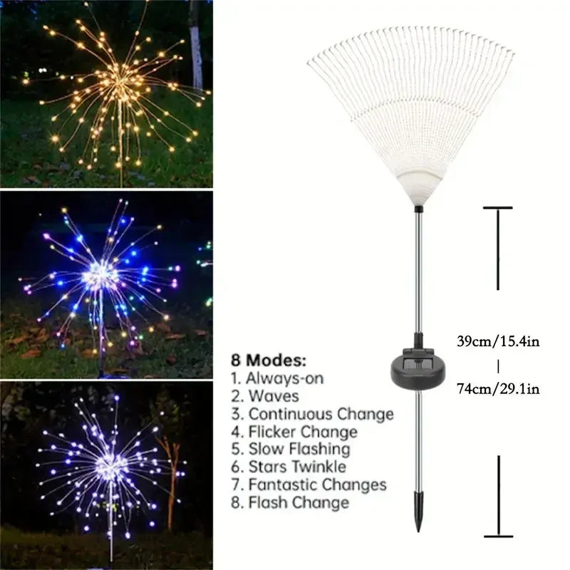 LED solar firework lights with 8 modes, waterproof starburst decor