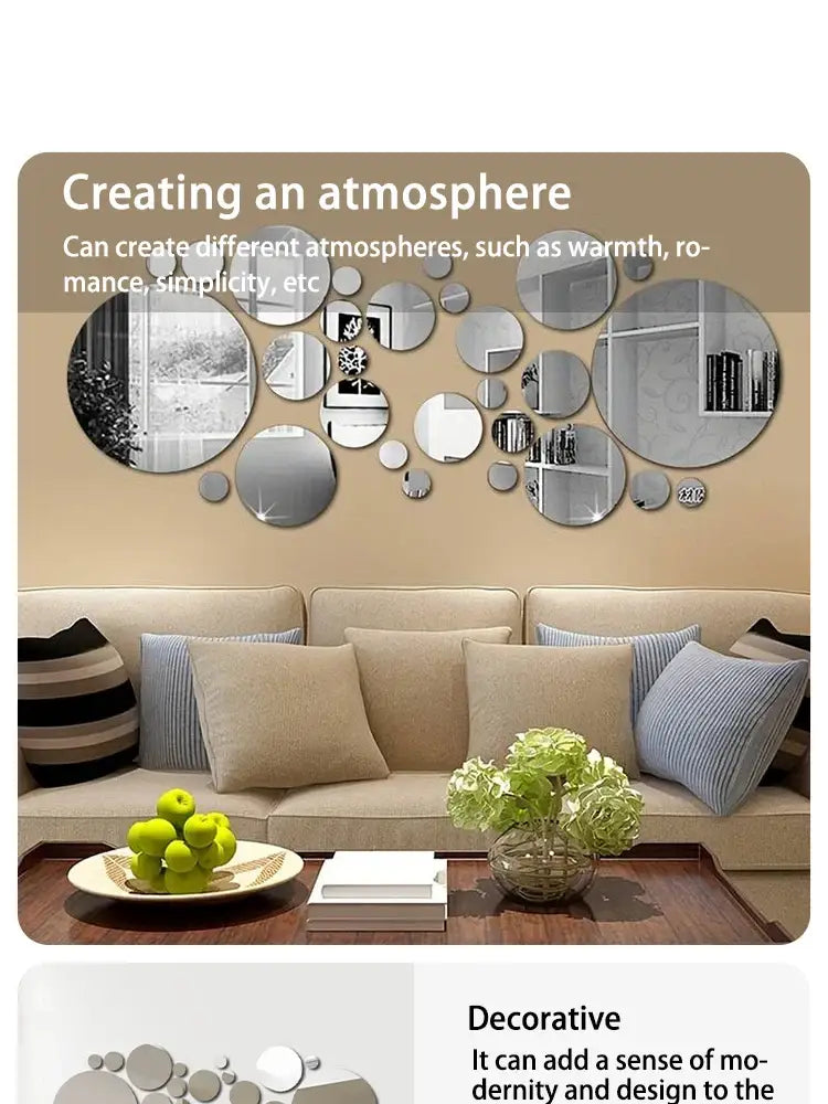 26-Piece 3D Acrylic Mirror Wall Stickers Round DIY Mirror Decor for Home