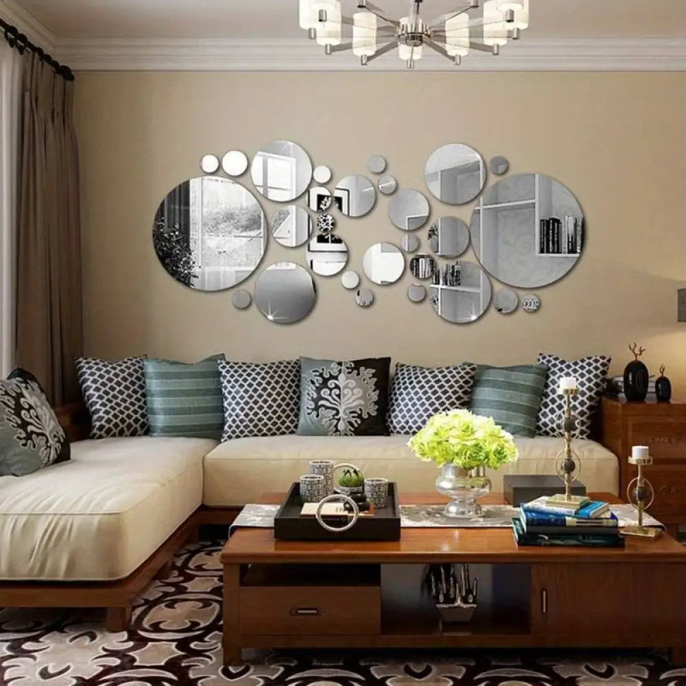 26-Piece 3D Acrylic Mirror Wall Stickers Round DIY Mirror Decor for Home