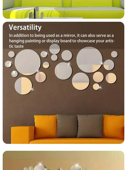 26-Piece 3D Acrylic Mirror Wall Stickers Round DIY Mirror Decor for Home - Ninjanew