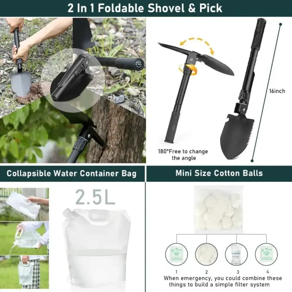 Compact 2-in-1 foldable shovel and pick in 262pcs survival gear kit