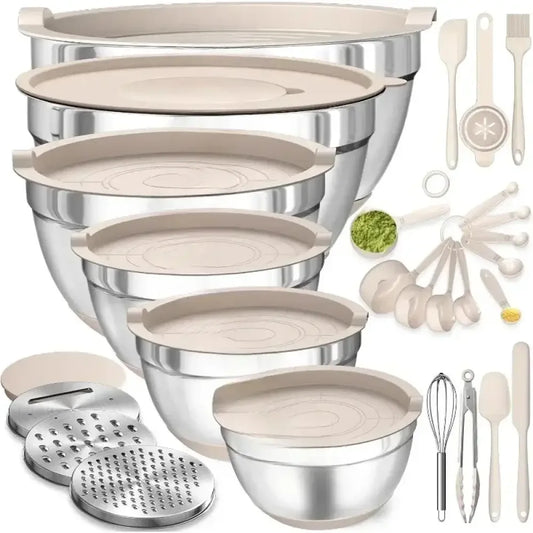 26PCS Stainless Steel Mixing Bowls Set with Airtight Lids, Grater Attachments & Non-Slip Bottoms - Ninjanew