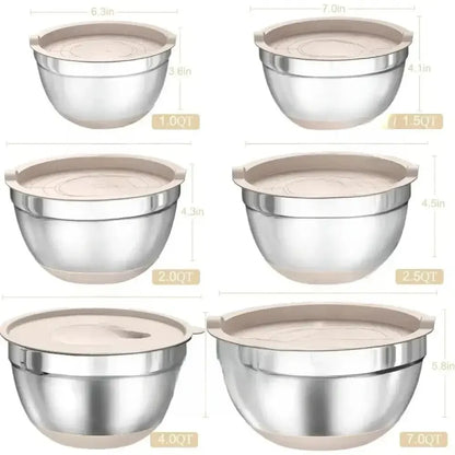 26PCS Stainless Steel Mixing Bowls Set with Airtight Lids, Grater Attachments & Non-Slip Bottoms - Ninjanew