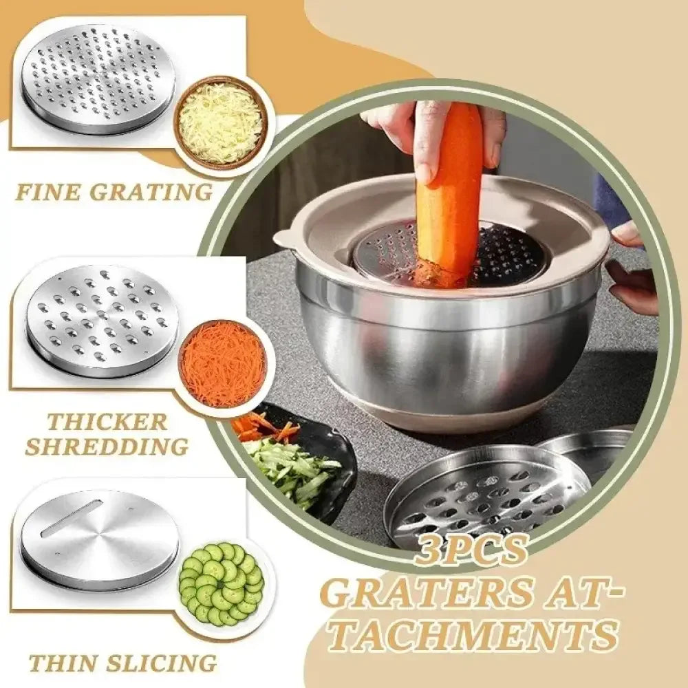 26PCS Stainless Steel Mixing Bowls Set with Airtight Lids, Grater Attachments & Non-Slip Bottoms - Ninjanew