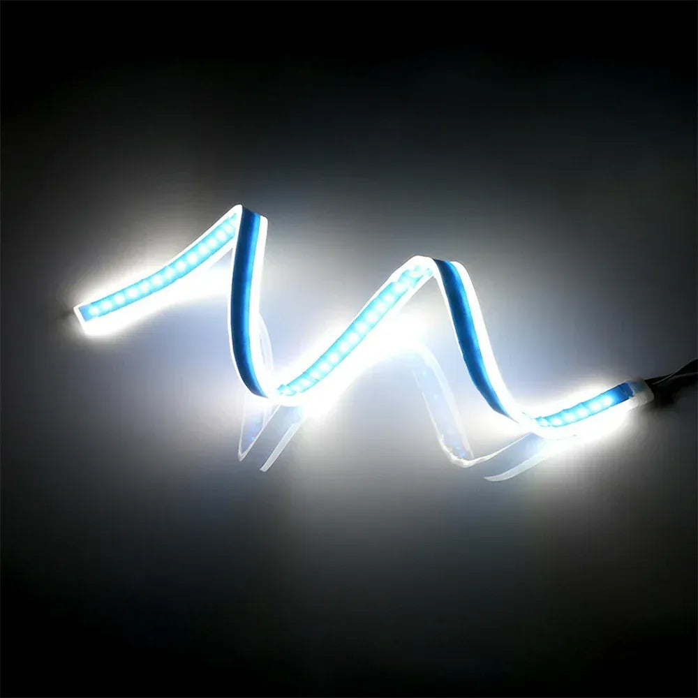 Flexible white LED strip with blue accents and amber turn signal, daytime running light