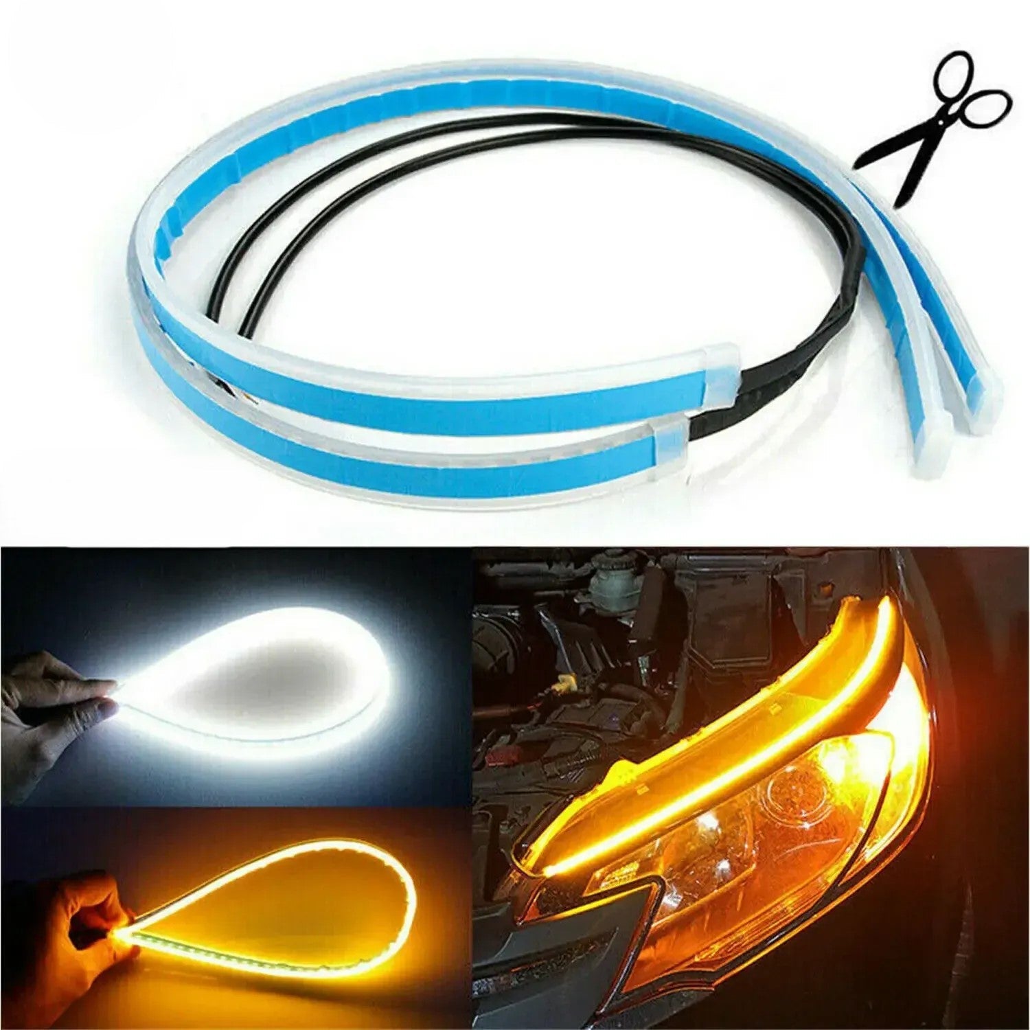 Blue and white flexible LED strip daytime running lights with amber turn signal