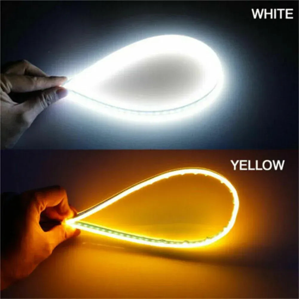 White and yellow sequential switchback LED strip daytime running turn signal
