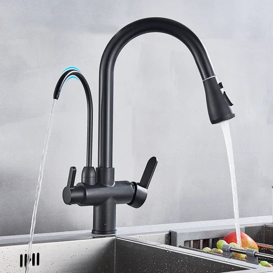 3-Way Filter Kitchen Faucet 360° Rotating Black Water Purifier Mixer Tap - Ninjanew