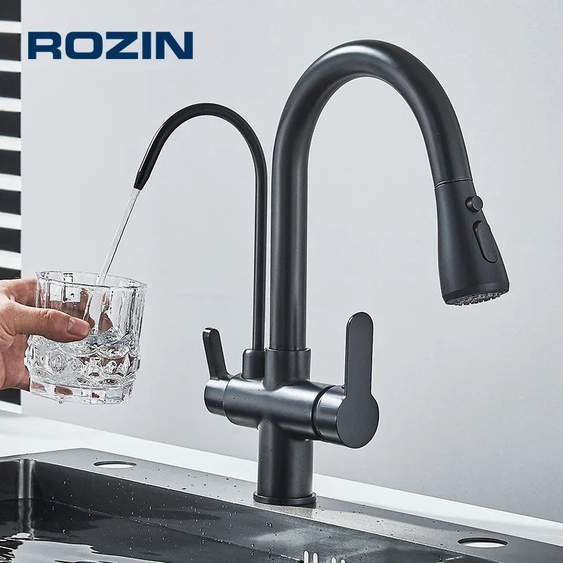 3-Way Filter Kitchen Faucet 360° Rotating Black Water Purifier Mixer Tap - Ninjanew