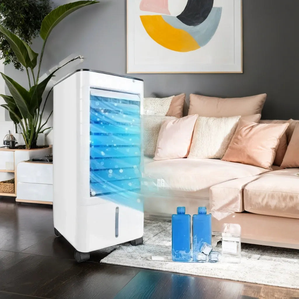 White and blue 3-in-1 portable evaporative air cooler with wheels