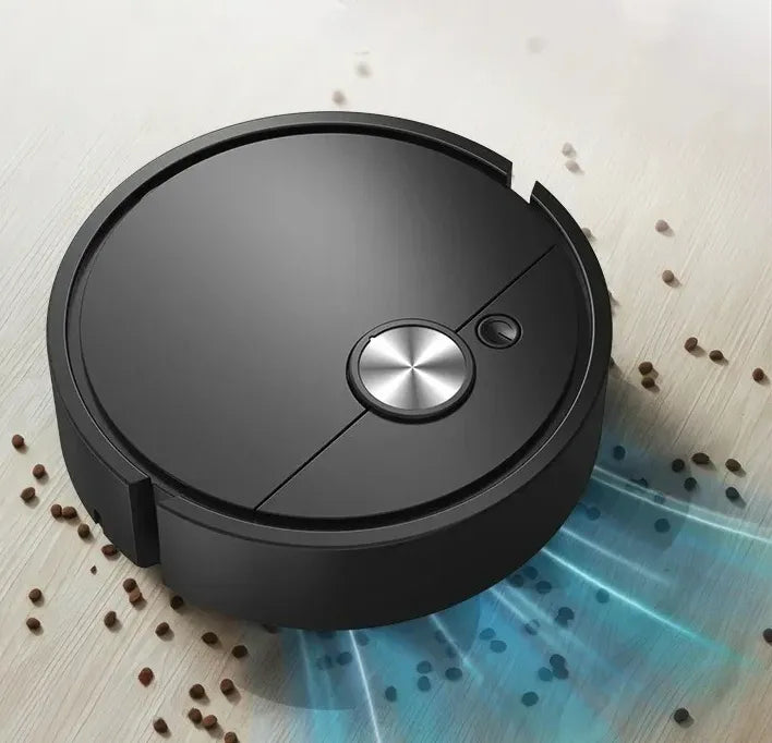 Sleek black 3-in-1 smart robot vacuum with brushed metal accents for smart cleaning