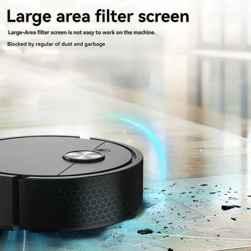 Black 3-in-1 smart robot vacuum with hexagonal pattern and large filter