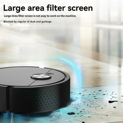 Black 3-in-1 smart robot vacuum with hexagonal pattern and large filter