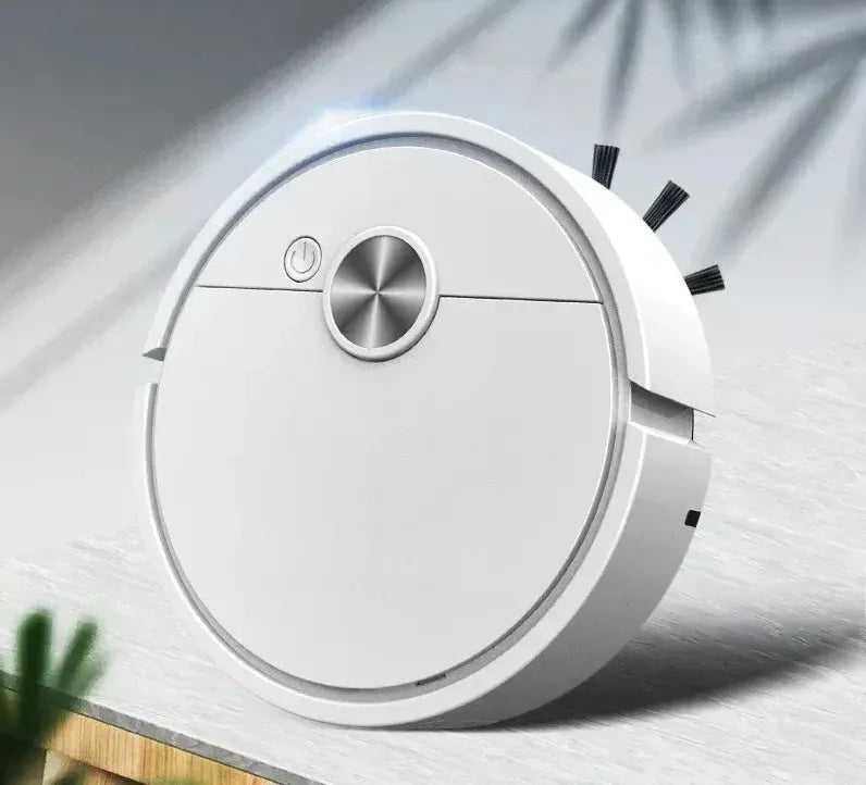 3-in-1 smart robot vacuum cleaner with white body, black bristles, silver accents for smart cleaning