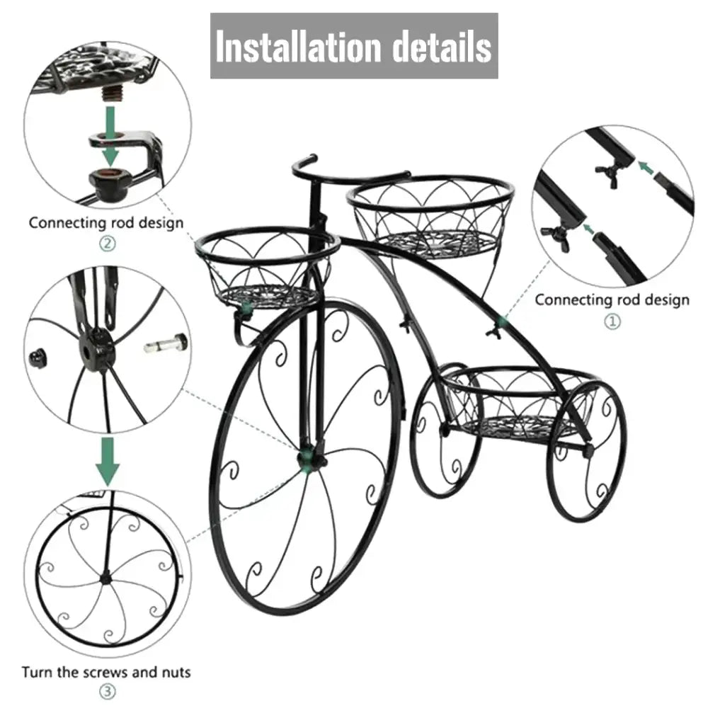 3-Tier Bicycle Plant Stand Wrought Iron Tricycle Planter for Indoor Outdoor