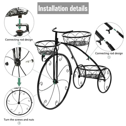 3-Tier Bicycle Plant Stand Wrought Iron Tricycle Planter for Indoor Outdoor - Ninjanew