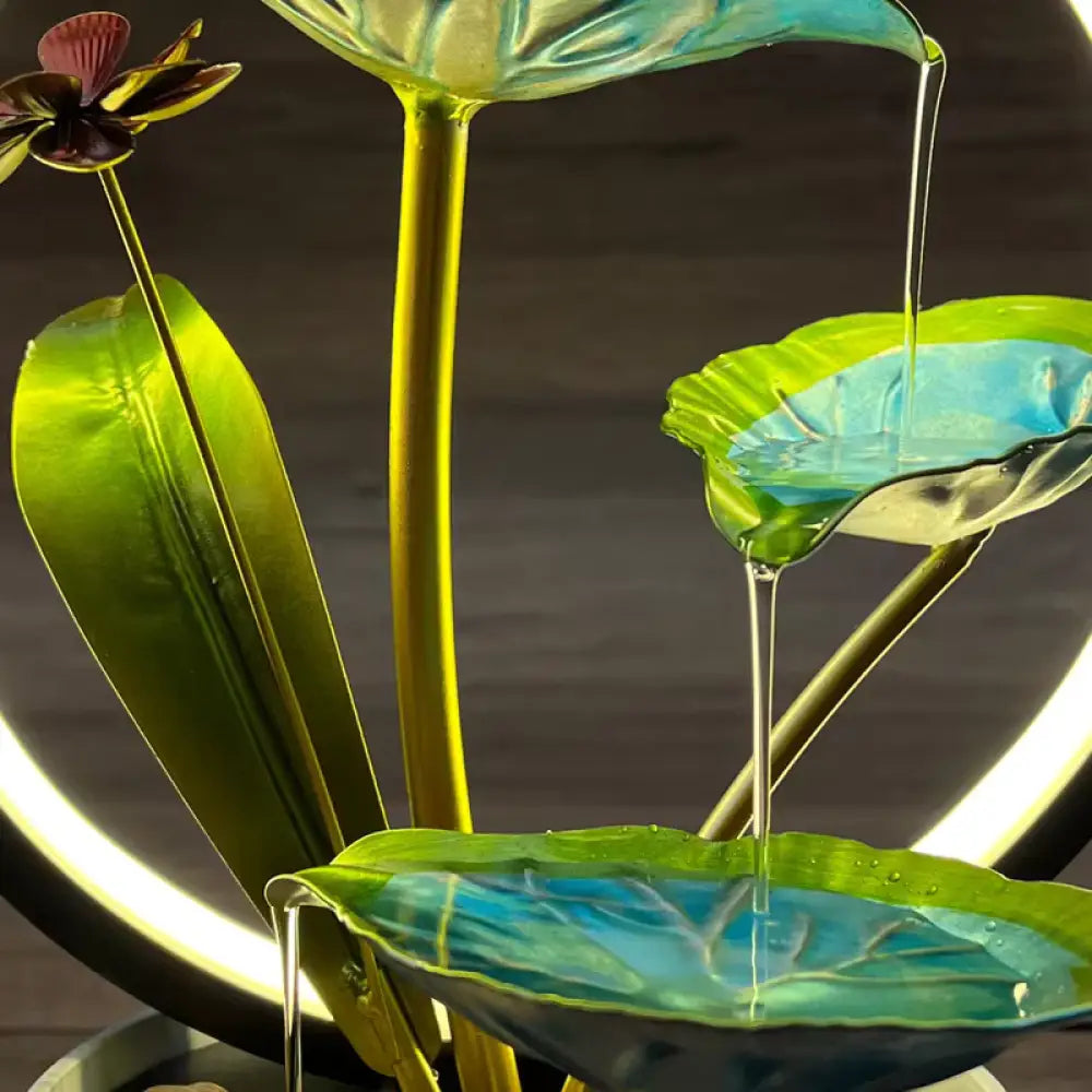 3-Tier Lotus Leaf Metal Water Fountain Creative Zhaocai Indoor Decor USB Powered