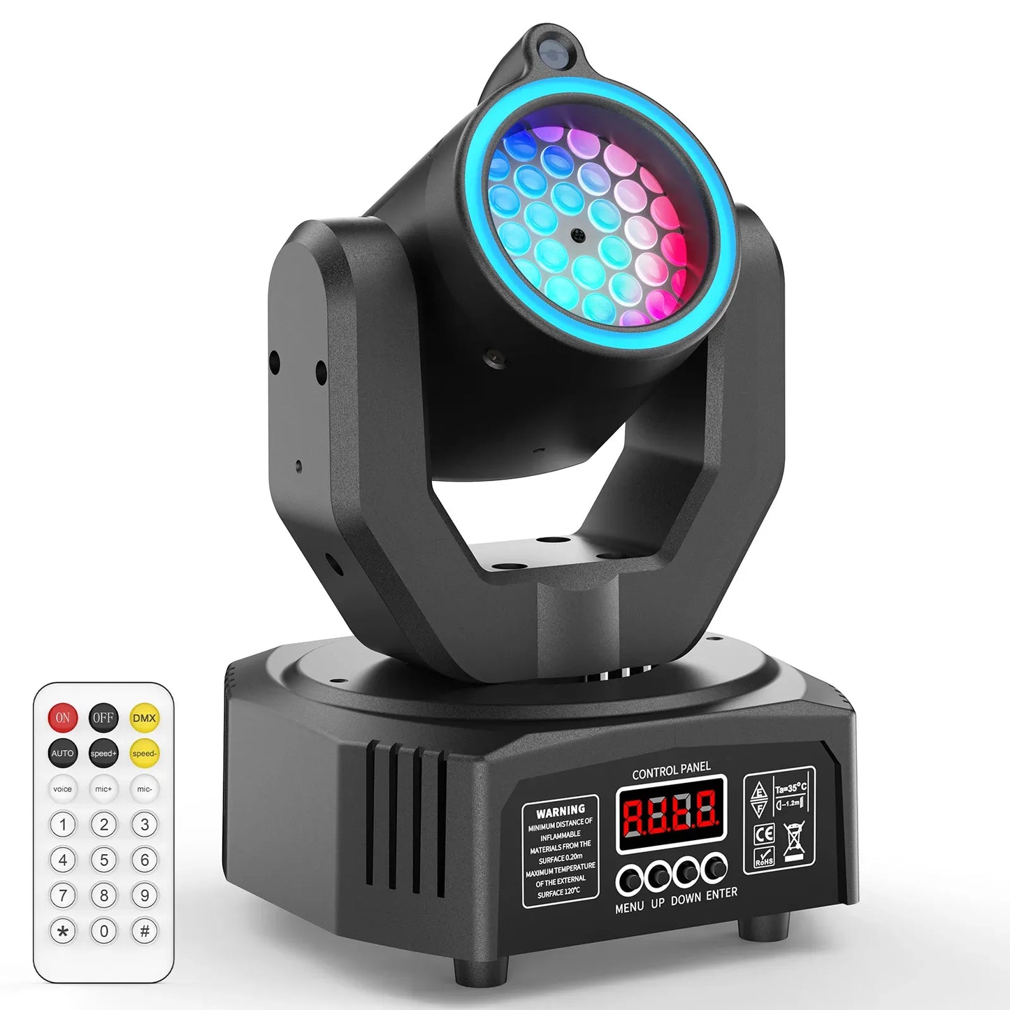 35W LED moving head light with remote control, black and silver design