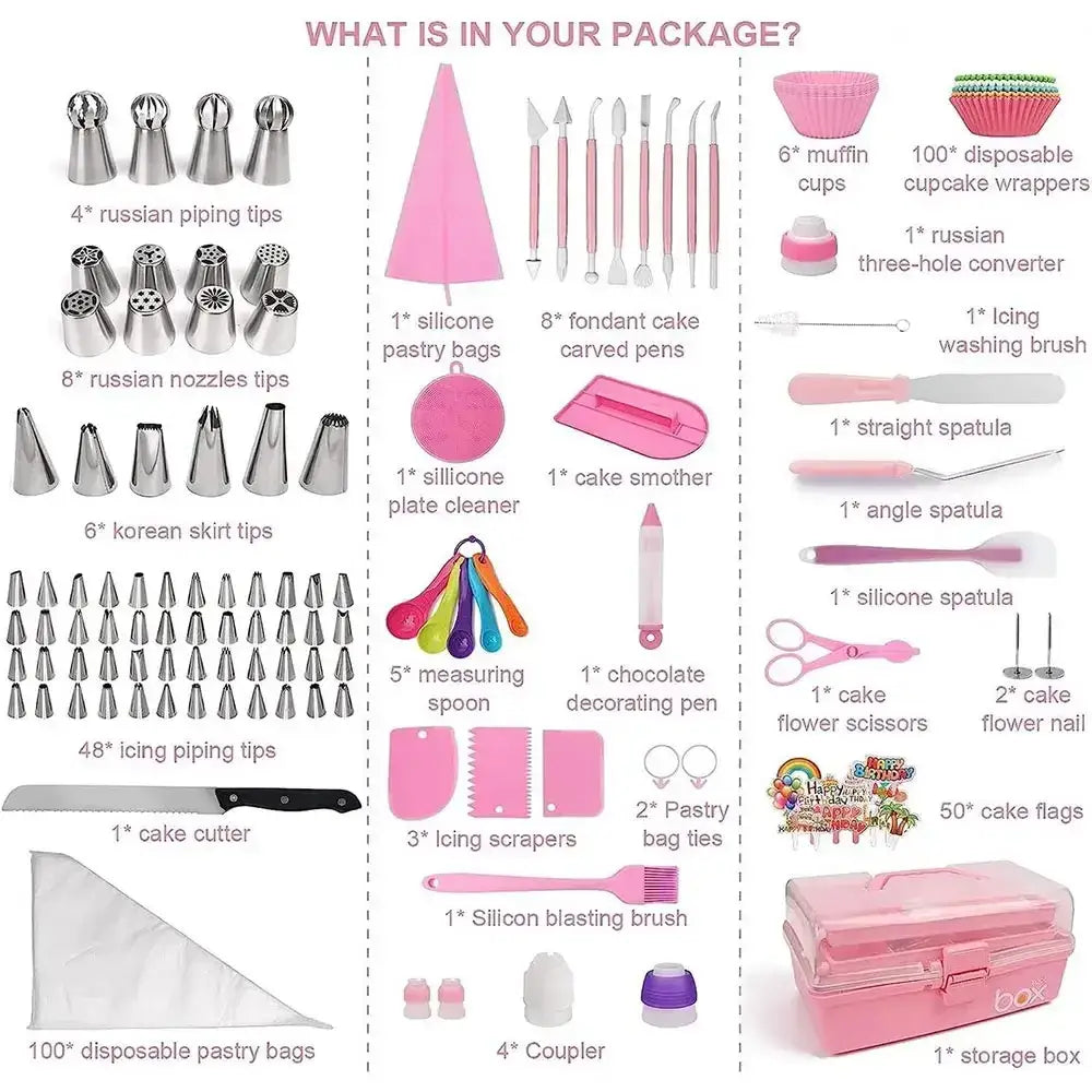 359-piece cake decorating set with pink piping tips and tools