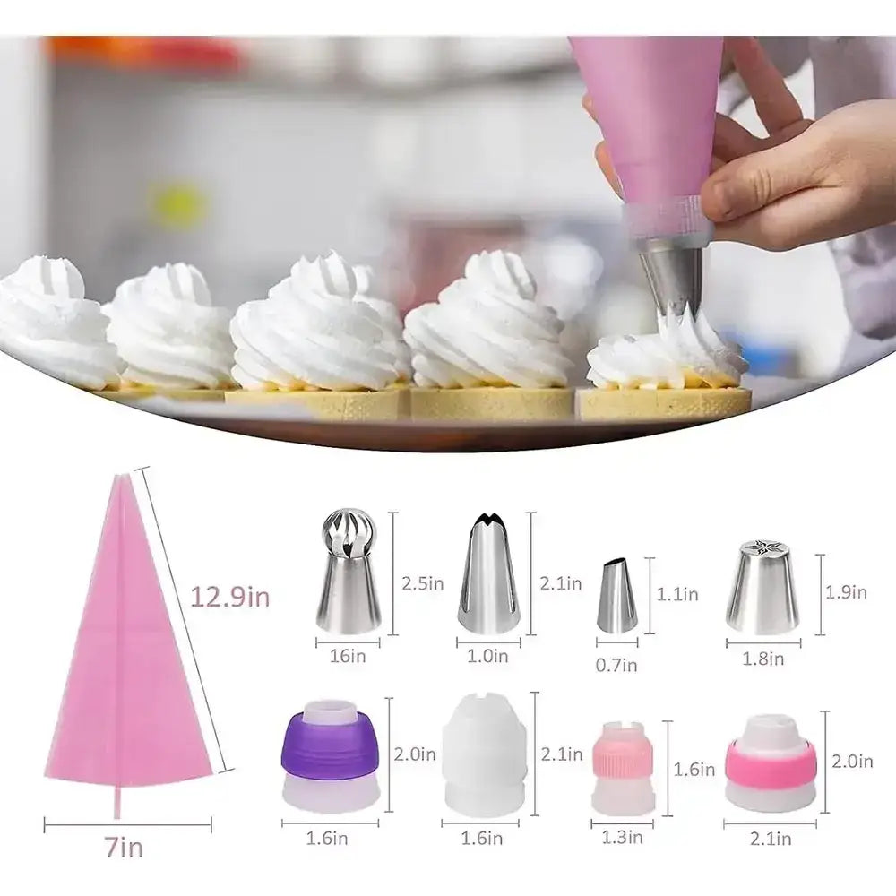 12.9-inch pink silicone piping bag with silver nozzles and piping tips in 359-piece cake decorating set