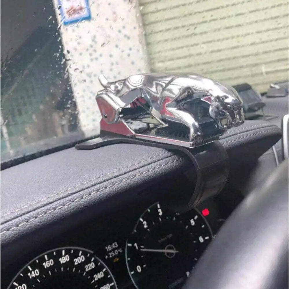 Silver Jaguar Hood Ornament on Unique Leopard Car Phone Holder
