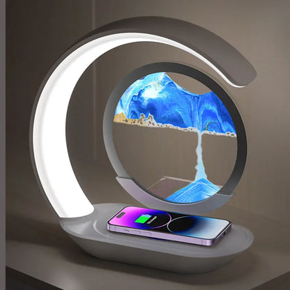3D Quicksand Table Lamp 15W Wireless Charging Hourglass Night Light - Blue