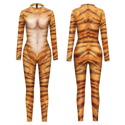 3D Animal Print Jumpsuit Snake & Tiger Spandex Cosplay Bodysuit - Tiger Female / S