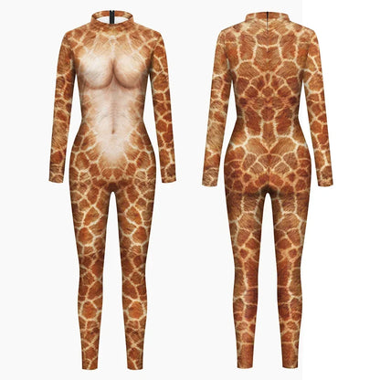 3D Animal Print Jumpsuit Snake & Tiger Spandex Cosplay Bodysuit - Giraffe Female / S