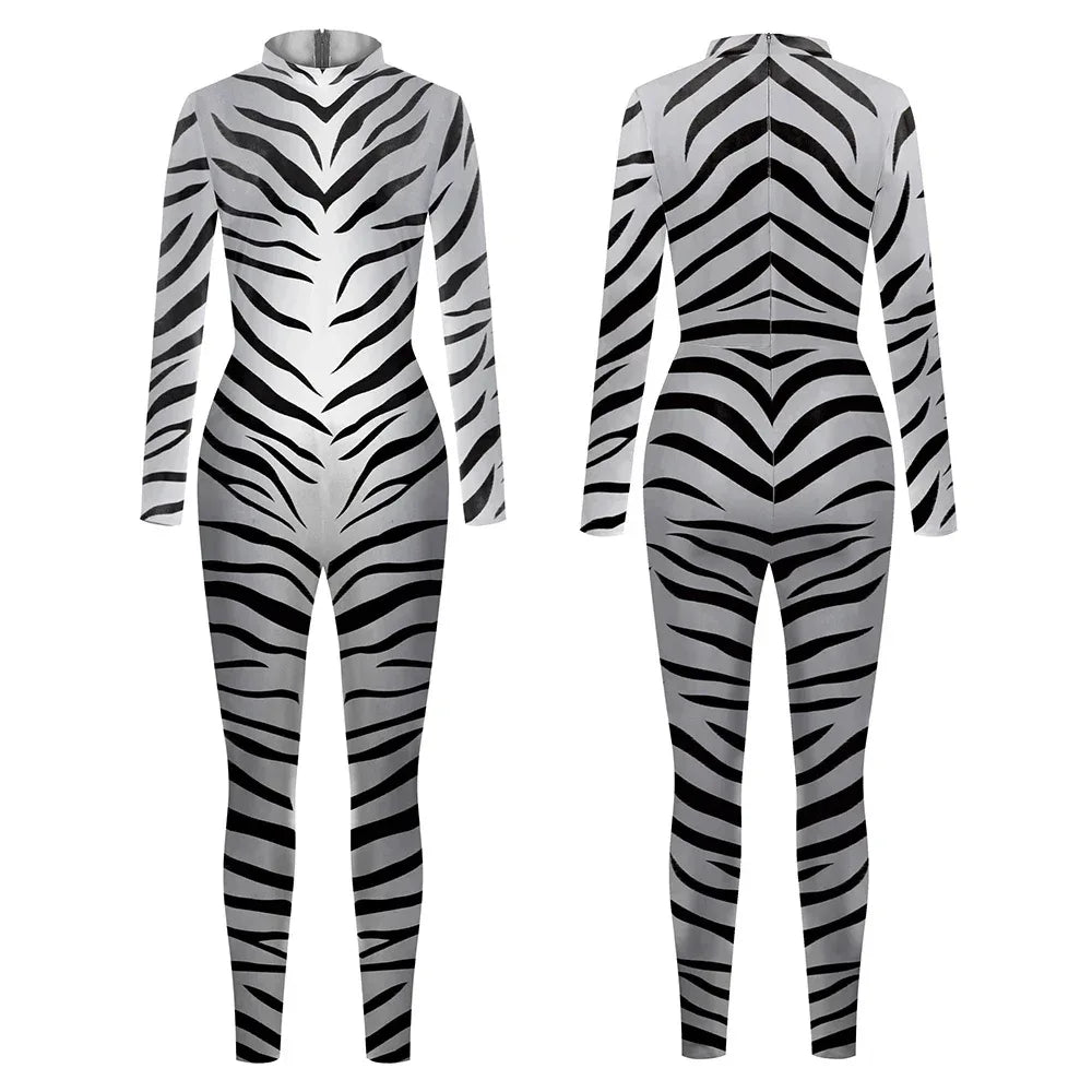 3D Animal Print Jumpsuit Snake & Tiger Spandex Cosplay Bodysuit - Zebra / S