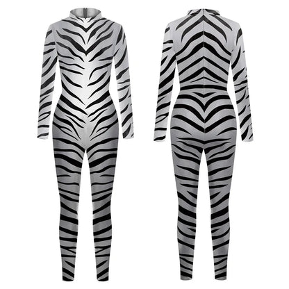 3D Animal Print Jumpsuit Snake & Tiger Spandex Cosplay Bodysuit - Zebra / S