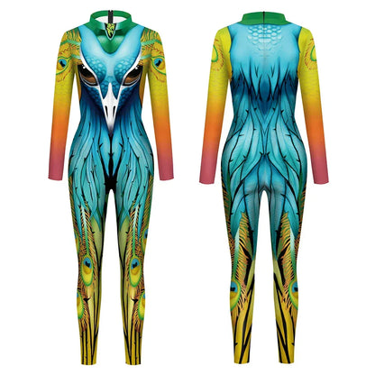 3D Animal Print Jumpsuit Snake & Tiger Spandex Cosplay Bodysuit - Peacock / S