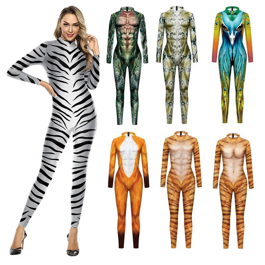 3D Animal Print Jumpsuit Snake & Tiger Spandex Cosplay Bodysuit - Tiger Male / S