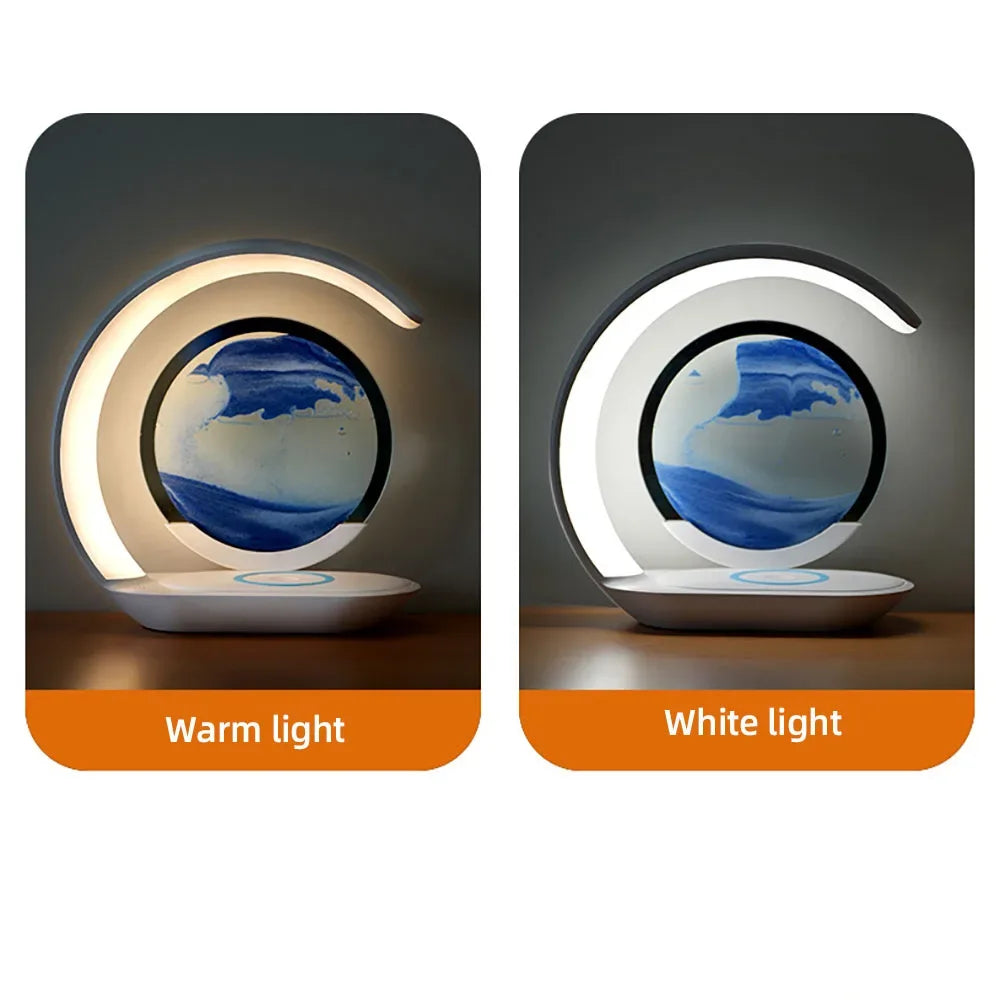 3D Quicksand Table Lamp 15W Wireless Charging Hourglass Night Light - Blue