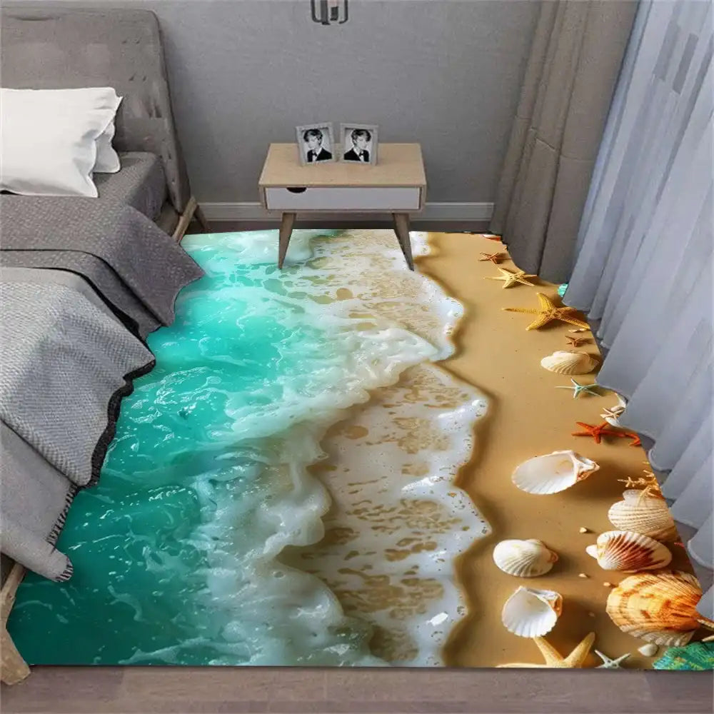 Room interior with a 3D floor design of a beach scene.