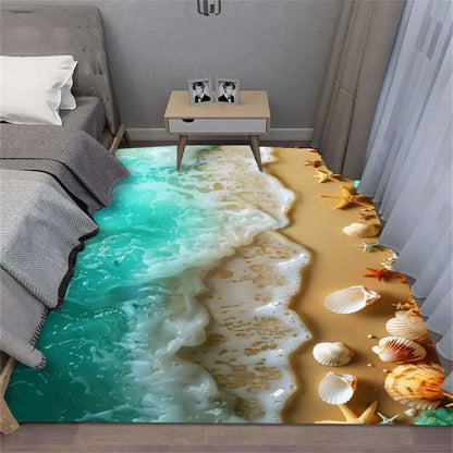 Room interior with a 3D floor design of a beach scene.