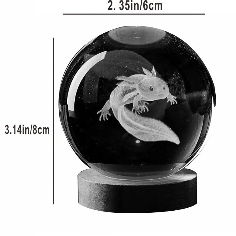 3D Axolotl laser engraved Crystal Ball colored night light