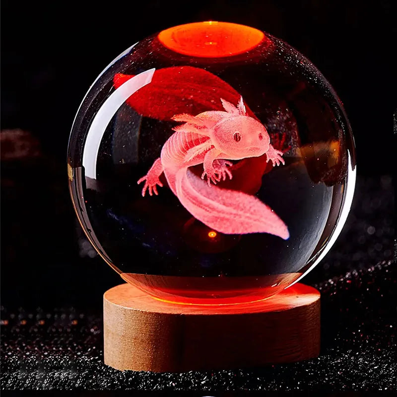 3D Axolotl laser engraved Crystal Ball colored night light