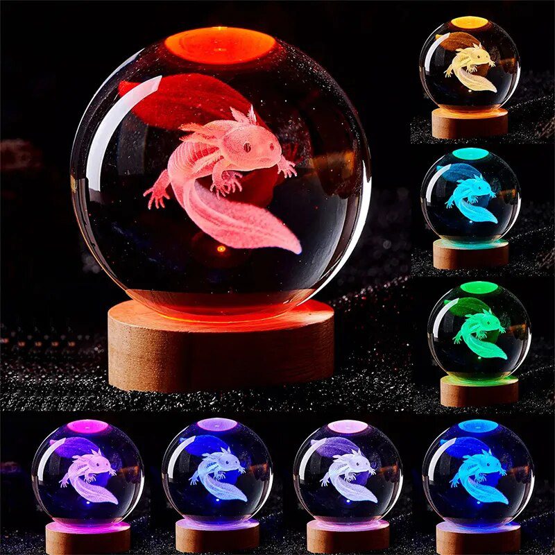 3D Axolotl laser engraved Crystal Ball colored night light