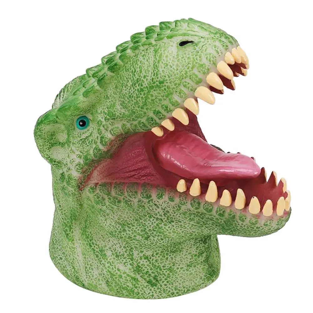 Green T-Rex head mask with yellow teeth in colorful T-Rex light