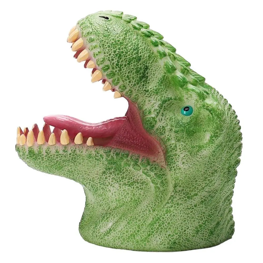 Green plastic T-Rex head toy with open teeth mouth for colorful T-Rex light