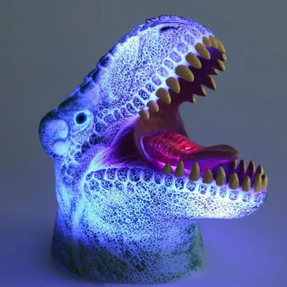 3D colorful T-Rex light with glowing teeth and eyes in purple hue