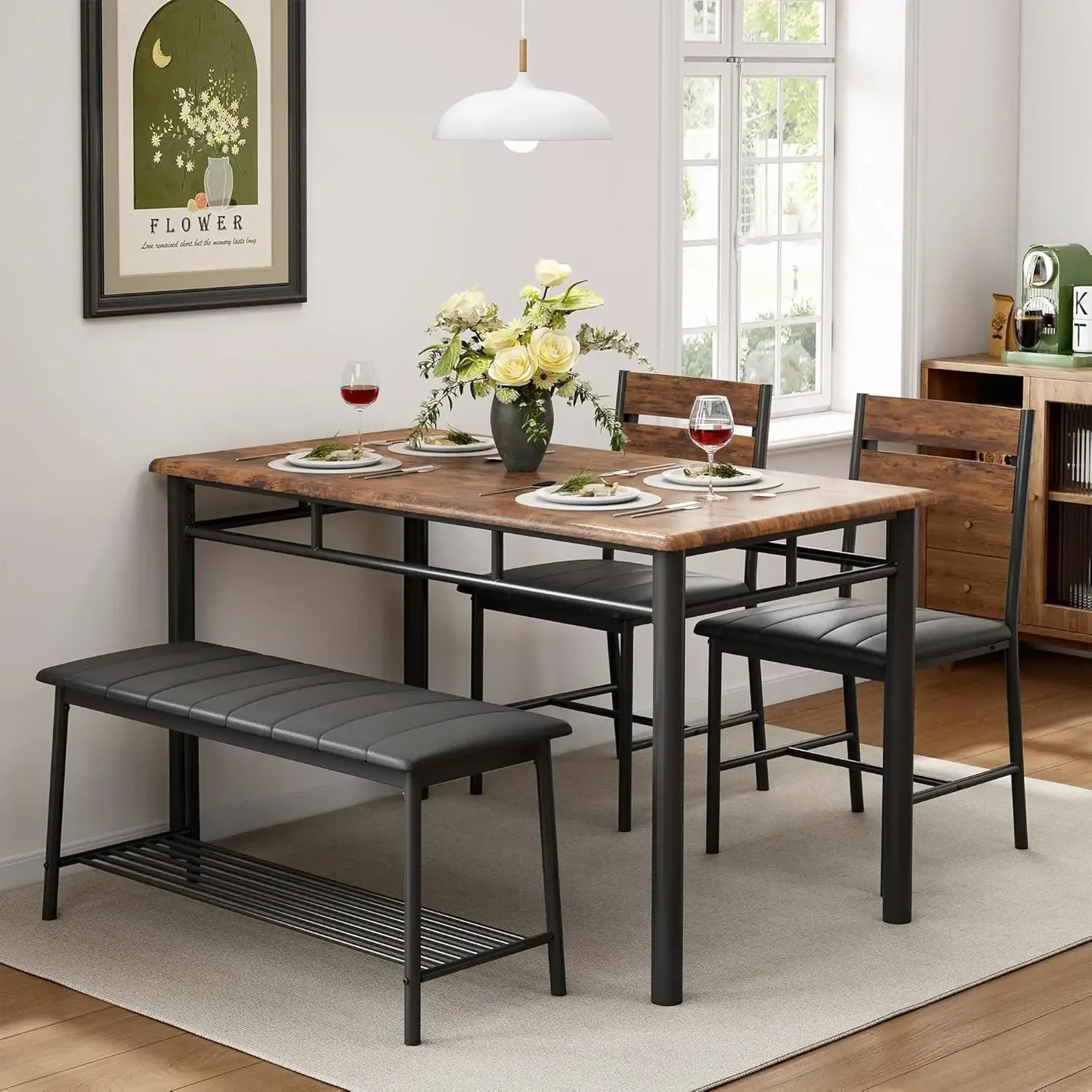 4-Piece Dining Set Kitchen Table with 2 Chairs & Upholstered Bench - Brown
