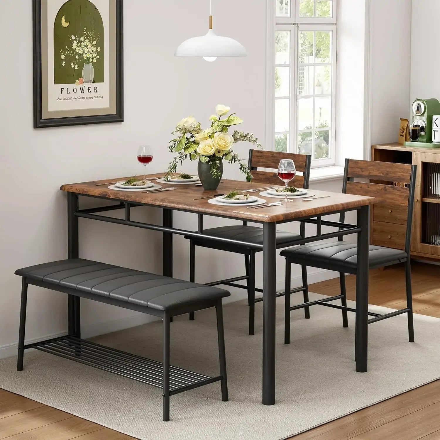 4-Piece Dining Set Kitchen Table with 2 Chairs & Upholstered Bench - Brown