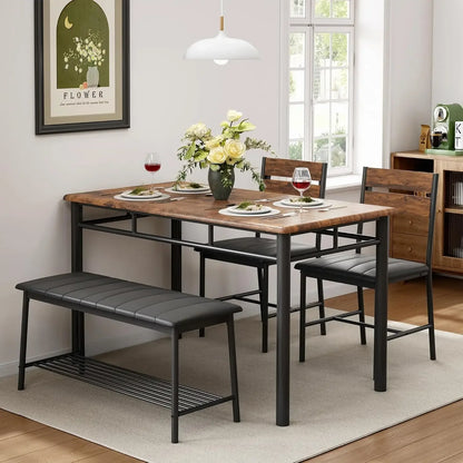 4-Piece Dining Set Kitchen Table with 2 Chairs & Upholstered Bench - Brown