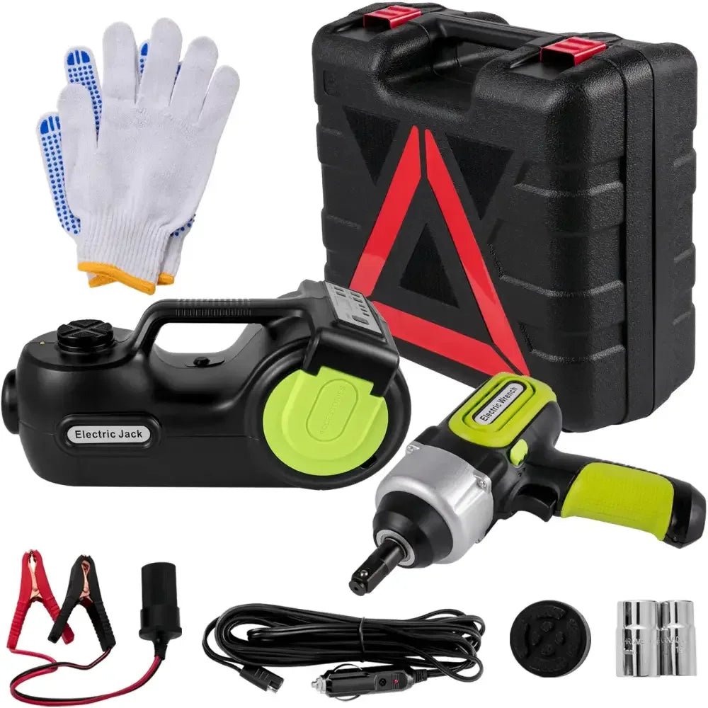 4-in-1 Electric Car Jack Kit 12V 5T Portable Hydraulic Jack with Impact Wrench, Tire Inflator & LED Light for Emergency Car Repair - 