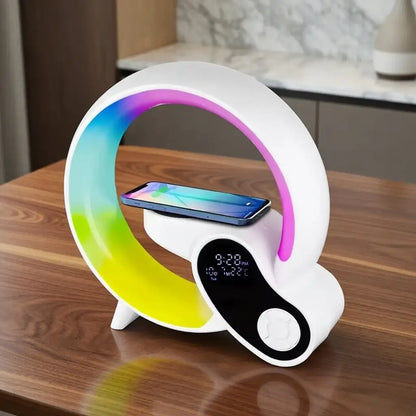 4-in-1 Bluetooth Speaker Alarm Clock – RGB Light & Wireless Charger