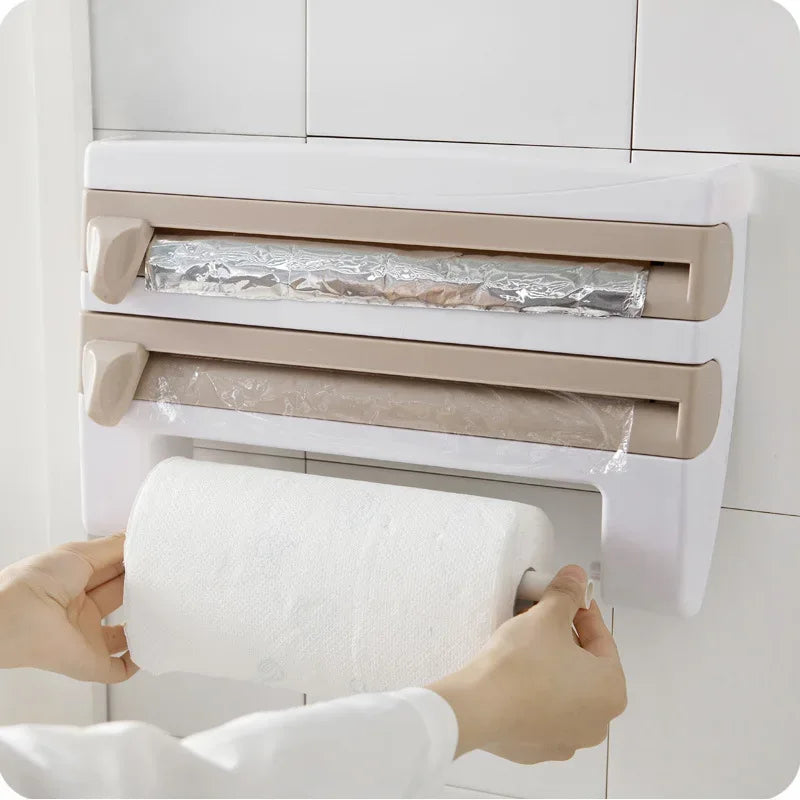 4-in-1 Wall-Mount Kitchen Organizer Paper Towel & Film Cutter Holder - Beige